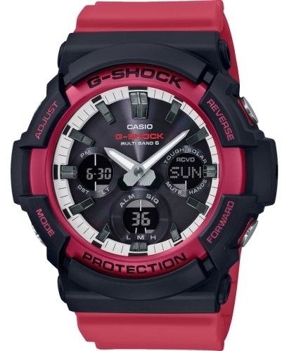 Крупные ударопрочные часы CASIO G-SHOCK GAW-100RB-1AER «RB» красный-черный-белый Solar, Wave Ceptor, Ana-Digi, wr200m.