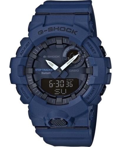 Противоударные аналогово-цифровые часы CASIO G-SHOCK GBA-800-2AER синие с шагомером, Bluetooth, Auto LED, wr200m.