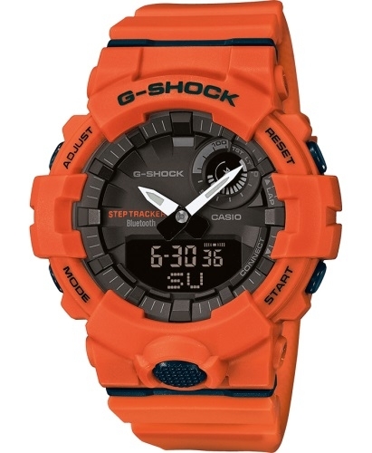 Противоударные аналогово-цифровые часы CASIO G-SHOCK GBA-800-4AER оранжевые, Step Tracker, Bluetooth, Auto LED, wr200m.