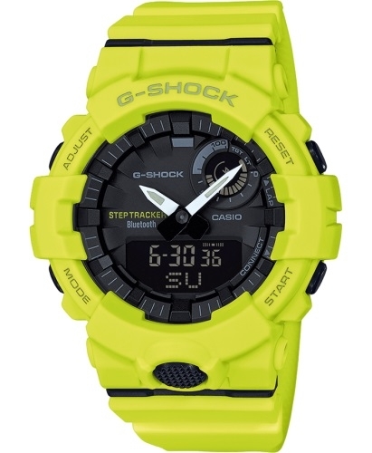 Противоударные аналогово-цифровые часы CASIO G-SHOCK GBA-800-9AER ярко-желтые, Step Tracker, Bluetooth, Auto LED, wr200m.