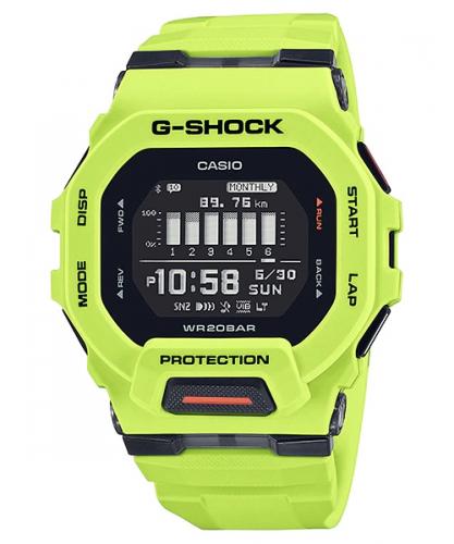 Тонкие прямоугольные фитнес часы CASIO G-SHOCK GBD-200-9ER желтые, Step Tracker, Training & Life Log, Bluetooth, калории, Solar.
