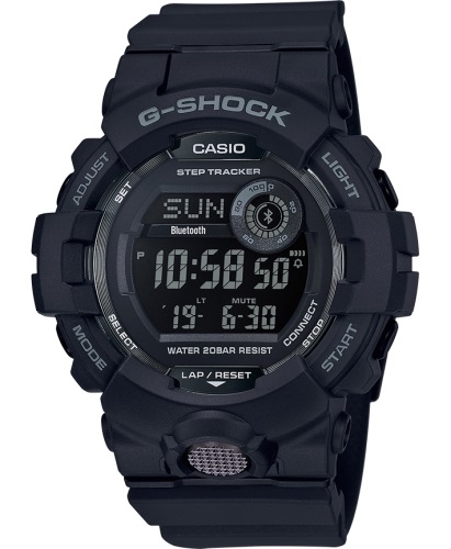 Противоударные электронные часы CASIO G-SHOCK GBD-800-1BER черные инверсные с шагомером, Bluetooth, Auto LED, wr200m.