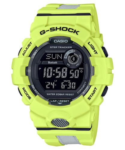 Противоударные электронные часы CASIO G-SHOCK GBD-800LU-9ER желтые Step Tracker со светоотражающим ремнем, Bluetooth 200m.