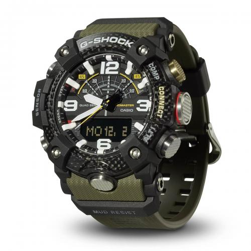 Усиленный углеродными волокнами корпус часов CASIO G-SHOCK GG-B100-1A3ER дополнен прочным карбоновым безелем.