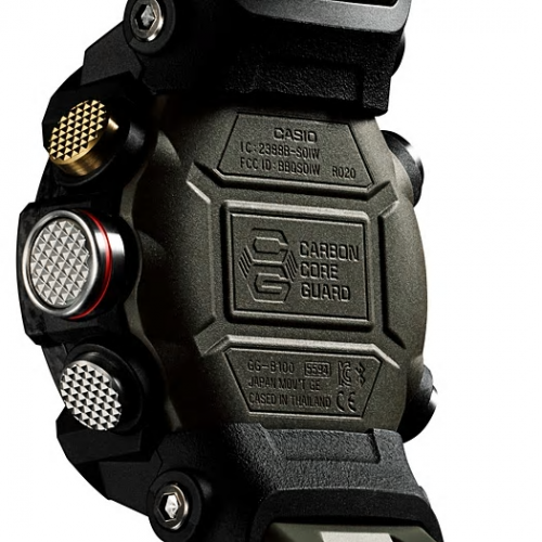 Двойная задняя крышка корпуса часов CASIO G-SHOCK GG-B100-1A3ER изготовлена из металла и углепластикового каучука.