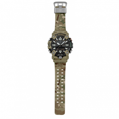На полимерный ремешок часов CASIO G-SHOCK GG-B100BA-1AER нанесен камуфляжный принт бежевого цвета.