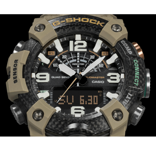 Углеродная структура безеля придает часам G-SHOCK GG-B100BA-1AER брутальности сохраняя прочность и легкий вес.