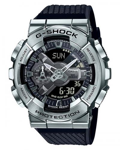 Крупные противоударные антимагнитные часы CASIO G-SHOCK GM-110-1AER Silver со стальной накладкой, инверсн., Ana-Digi 200m.