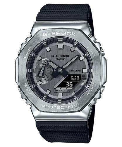 Восьмиугольные тонкие противоударные часы CASIO G-SHOCK GM-2100-1AER CasiOak в стальном корпусе Silver, Ana-Digi, wr200m.
