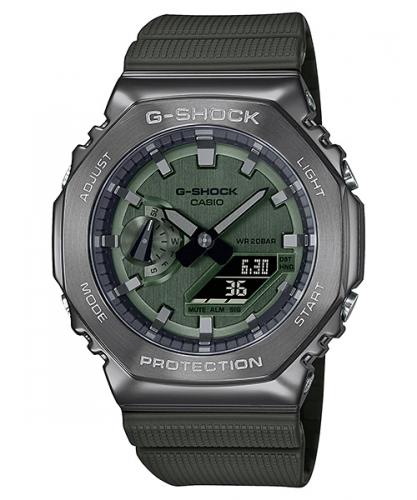 Тонкие ударопрочные часы CASIO G-SHOCK GM-2100B-3AER CasiOak Octagon зеленые со стальной IP Grey накладкой, Ana-Digi, 200m.
