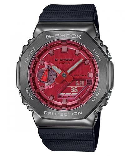 Ударопрочные карбоновые часы CASIO G-SHOCK GM-2100B-4AER CasiOak со стальной Grey накладкой, красный циферблат, 200m.