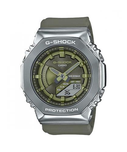 Стальные женские часы CASIO G-SHOCK GM-S2100-3AER mini «CasiOak» восьмиугольные зеленые на полимере, Ana-Digi, wr200m.