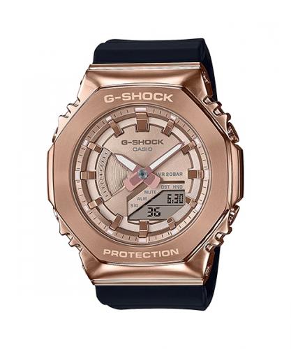 Женские часы CASIO G-SHOCK GM-S2100PG-1A4ER mini «CasiOak» в стальном розовом корпусе Pink Gold, на черном полимере.