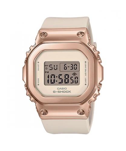 Женские прямоугольные ударопрочные часы CASIO G-SHOCK GM-S5600PG-4ER Rose Gold стальная накладка, розовый ремень wr200m.
