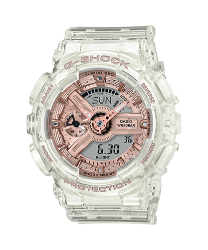 Женские прозрачные ударопрочные часы CASIO G-SHOCK GMA-S110SR-7AER Skeleton Rose Gold, антимагнитные, Ana-Digi, wr200m.