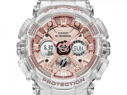 Циферблат и стрелки аналогово-цифровых часов CASIO G-SHOCK GMA-S120SR-7AER выполнены в цвете розовое золото.