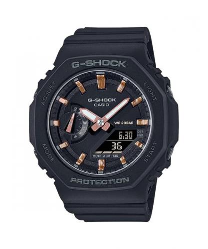 Тонкие женские ударопрочные карбоновые часы CASIO G-SHOCK GMA-S2100-1AER «mini CasiOak» S Series черные, Rose Gold метки.