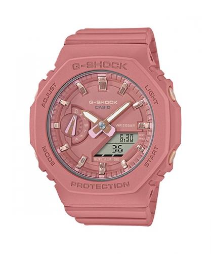 Тонкие женские ударопрочные карбоновые часы CASIO G-SHOCK GMA-S2100-4A2ER «mini CasiOak» S Series розовые, Rose Gold метки.