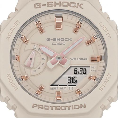Женские аналогово-цифровые часы CASIO G-SHOCK GMA-S2100-4AER с позолоченными IP rose gold индексами и стрелками.