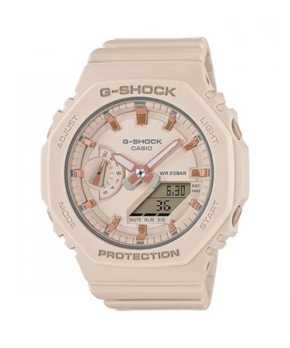 Женские розовые ударопрочные часы из карбона CASIO G-SHOCK GMA-S2100-4AER slim «mini CasiOak» S Series, Rose Gold метки.