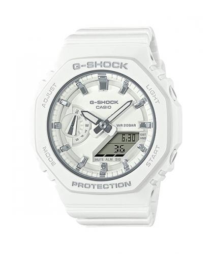 Женские противоударные часы из карбона CASIO G-SHOCK GMA-S2100-7AER Slim «Mini CasiOak» S Series белые, серебристые метки.