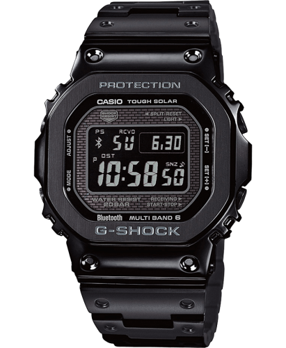 Стальные противоударные часы CASIO G-SHOCK GMW-B5000GD-1ER Full Metal Square на браслете IP-black, Bluetooth, Solar, 200m.