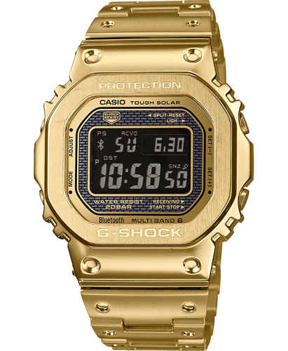 Стальные противоударные часы CASIO G-SHOCK GMW-B5000GD-9ER Full Metal Square на браслете IP-gold, Bluetooth, Solar wr200m.