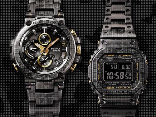 Камуфляжная лазерная гравировка на DLC-покрытии титановых часов G-SHOCK: MTG-B1000DCM-1AER и GMW-B5000TCM-1ER.