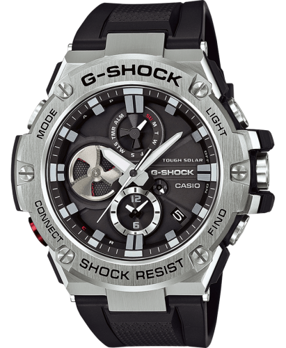 Противоударные аналоговые часы CASIO G-SHOCK GST-B100-1AER G-Steel со стальной накладкой, полимер, Bluetooth, Solar, 200m.