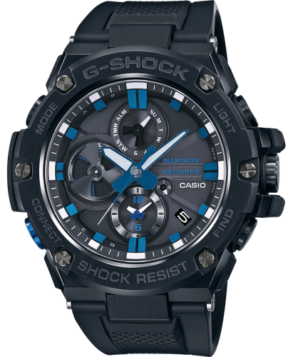Лимитированные ударопрочные аналоговые часы CASIO G-SHOCK GST-B100BNR-1AER «Blue Note Records» G-Steel BLE, Solar, LED, wr200m.