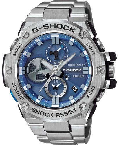 Противоударные аналоговые часы CASIO G-SHOCK GST-B100D-2AER G-Steel Blue Dial стальная накладка, браслет, BLE, Solar, 200m.