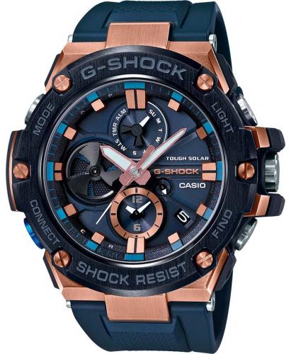 Противоударные аналоговые часы CASIO G-SHOCK GST-B100G-2AER G-Steel Blue стальная накладка Rose Gold, Bluetooth, Solar, wr200m.