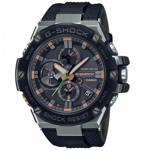 Противоударные аналоговые часы CASIO G-SHOCK GST-B100GA-1AER G-Steel «Luxury Military» Black & Rose Gold, BLE, Solar, 200m.