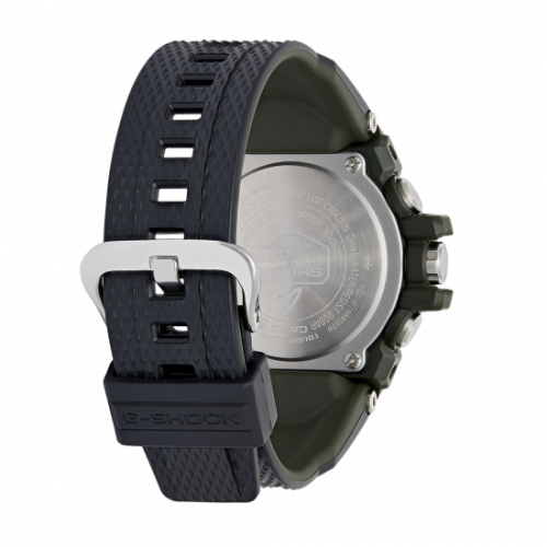 Милитари часы G-SHOCK GST-B100GA-1AER имеют двухслойный черный полимерный ремешок с зеленой внутренней стороной.