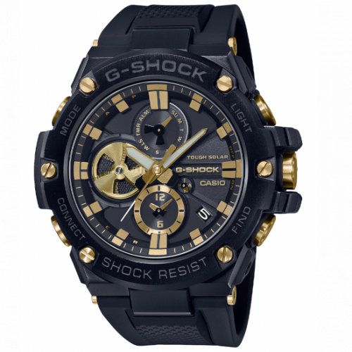 Противоударные аналоговые часы CASIO G-SHOCK GST-B100GC-1AER G-Steel «Luxury Military» черные IP gold, BLE, Solar, wr200m.