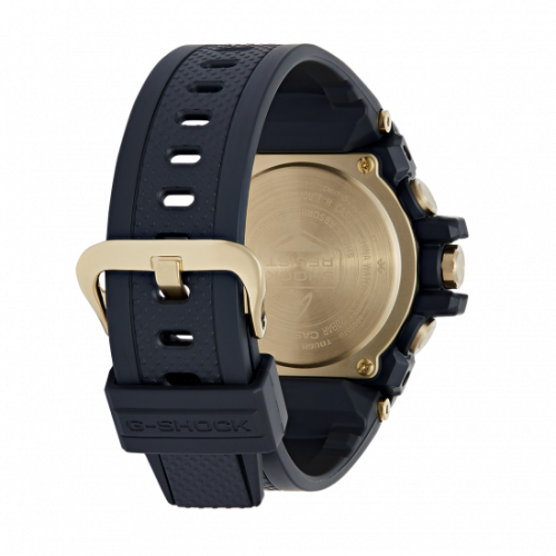 Задняя крышка Military часов G-SHOCK GST-B100GC-1AER покрыта по технологии ионного напыления желтого цвета gold IP.