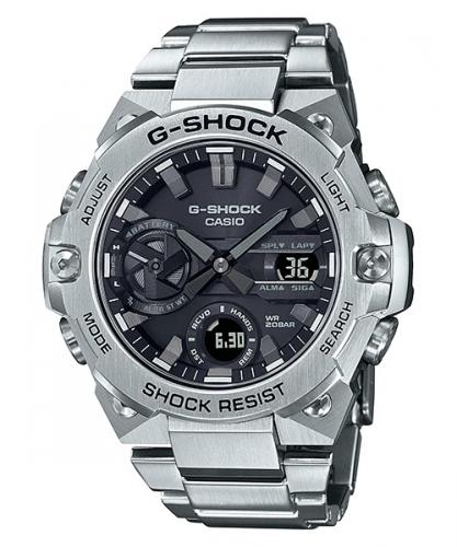 Тонкие ударопрочные часы slim CASIO G-SHOCK GST-B400D-1AER G-Steel Silver на браслете, Carbon Core, Bluetooth Solar 200m.