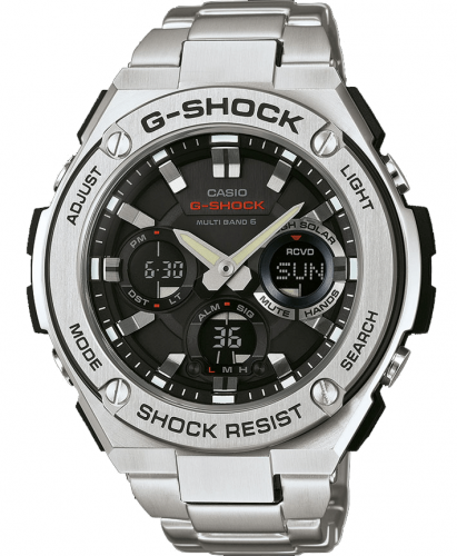 Крупные ударопрочные часы CASIO G-SHOCK GST-W110D-1AER G-Steel Silver на браслете, Wave Ceptor, Tough Solar, Ana-Digi, wr200m.