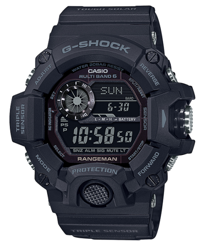 Грязеустойчивые ударопрочные часы CASIO G-SHOCK GW-9400-1BER Rangeman BlackOut Triple Sensor, Solar, Wave Ceptor, -10°С, 200m.