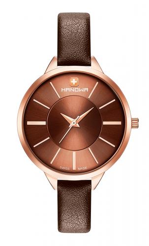 Позолоченные женские швейцарские часы HANOWA 16-6076.09.005 Elisa коричневые IP rose gold на узком кожаном ремешке.