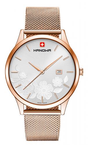 Позолоченные женские швейцарские часы HANOWA 16-3086.09.001 Nature rose gold & silver, цветочный узор, миланский браслет.