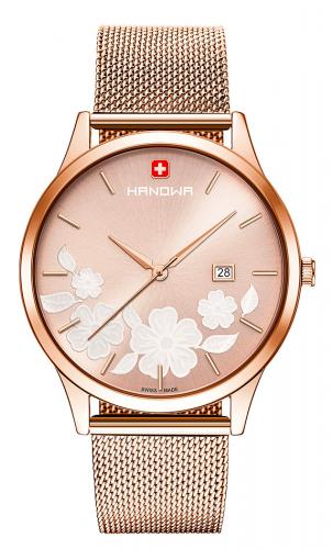 Позолоченные женские швейцарские часы HANOWA 16-3086.09.005 Nature rose gold с цветочным узором на миланском браслете.