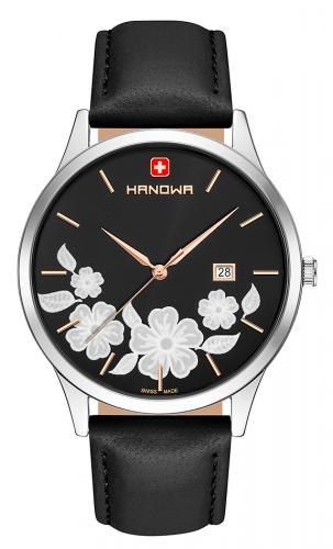 Женские швейцарские часы HANOWA 16-3086.04.007 Nature черные rose gold с цветочным узором на кожаном ремешке.