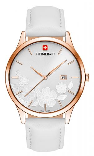 Позолоченные женские швейцарские часы HANOWA 16-4086.09.001 Nature rose gold & silver, цветочный узор, белый ремешок.
