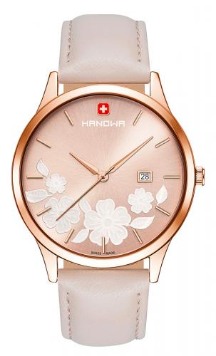 Позолоченные женские швейцарские часы HANOWA 16-4086.09.005 Nature rose gold с цветочным узором на бежевом ремешке.