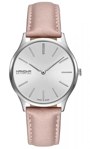 Элегантные женские швейцарские часы HANOWA 16-6075.04.001.10 Pure серебристый циферблат на бежевом кожаном ремне.