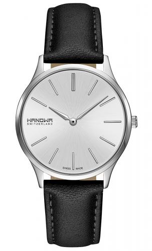 Классические женские швейцарские часы HANOWA 16-6075.04.001 Pure с серебристым циферблатом и черным кожаным ремешком.
