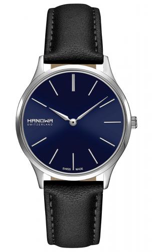 Классические женские швейцарские часы HANOWA 16-6075.04.003 Pure с синим циферблатом и черным кожаным ремешком.