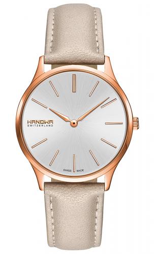 Позолоченные женские швейцарские часы HANOWA 16-6075.09.001.14 Pure rose gold, серебристый циферблат, бежевый ремень.