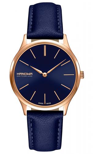 Позолоченные женские швейцарские часы HANOWA 16-6075.09.003 Pure IP rose gold с синим циферблатом и кожаным ремешком.